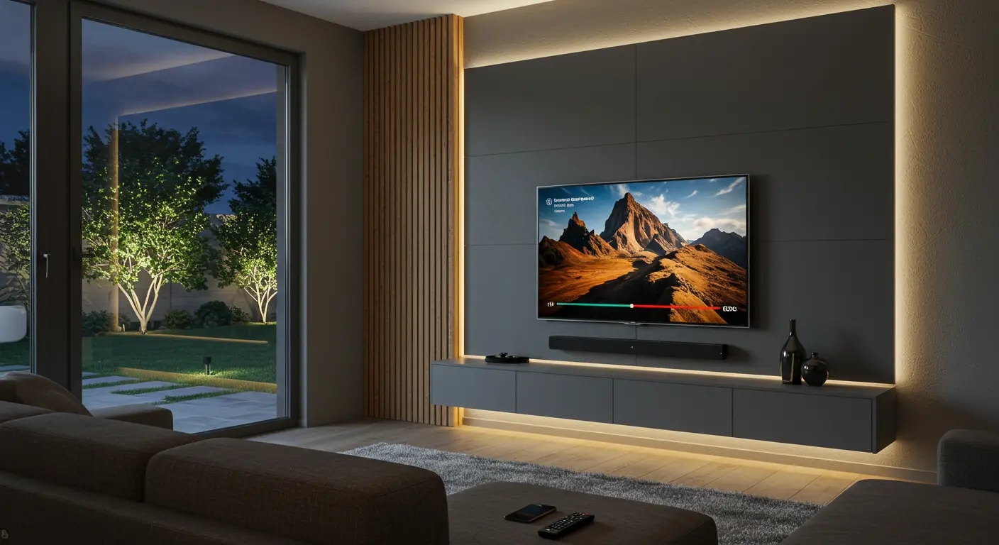 Home theater com painel e rack em MDF Cinza Sagrado da Duratex, detalhe ripado lateral e iluminação em LED – Art Closet.