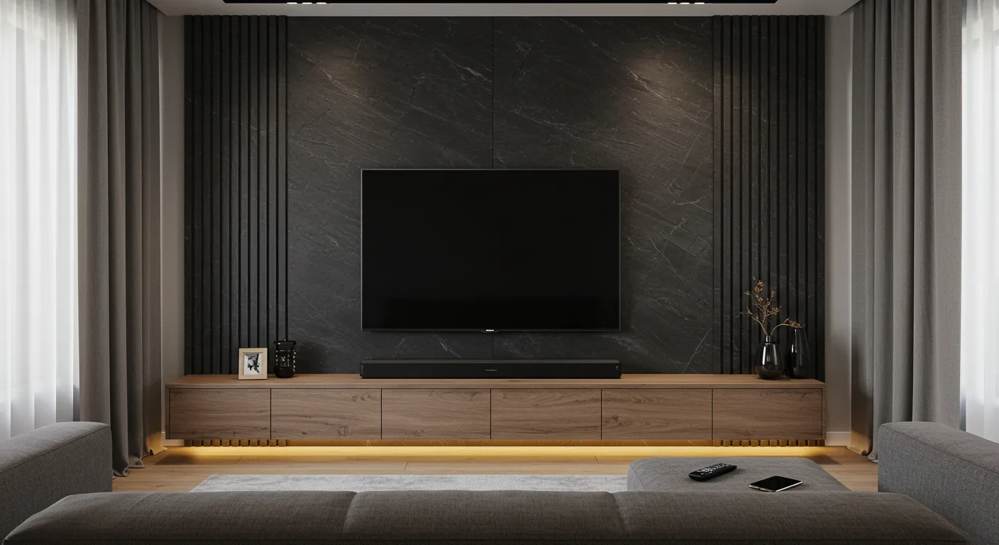 Home theater com painel em MDF Portoro Essencial da Duratex, ripado preto e rack em MDF Elmo Suíço da Arauco com iluminação LED – Art Closet.