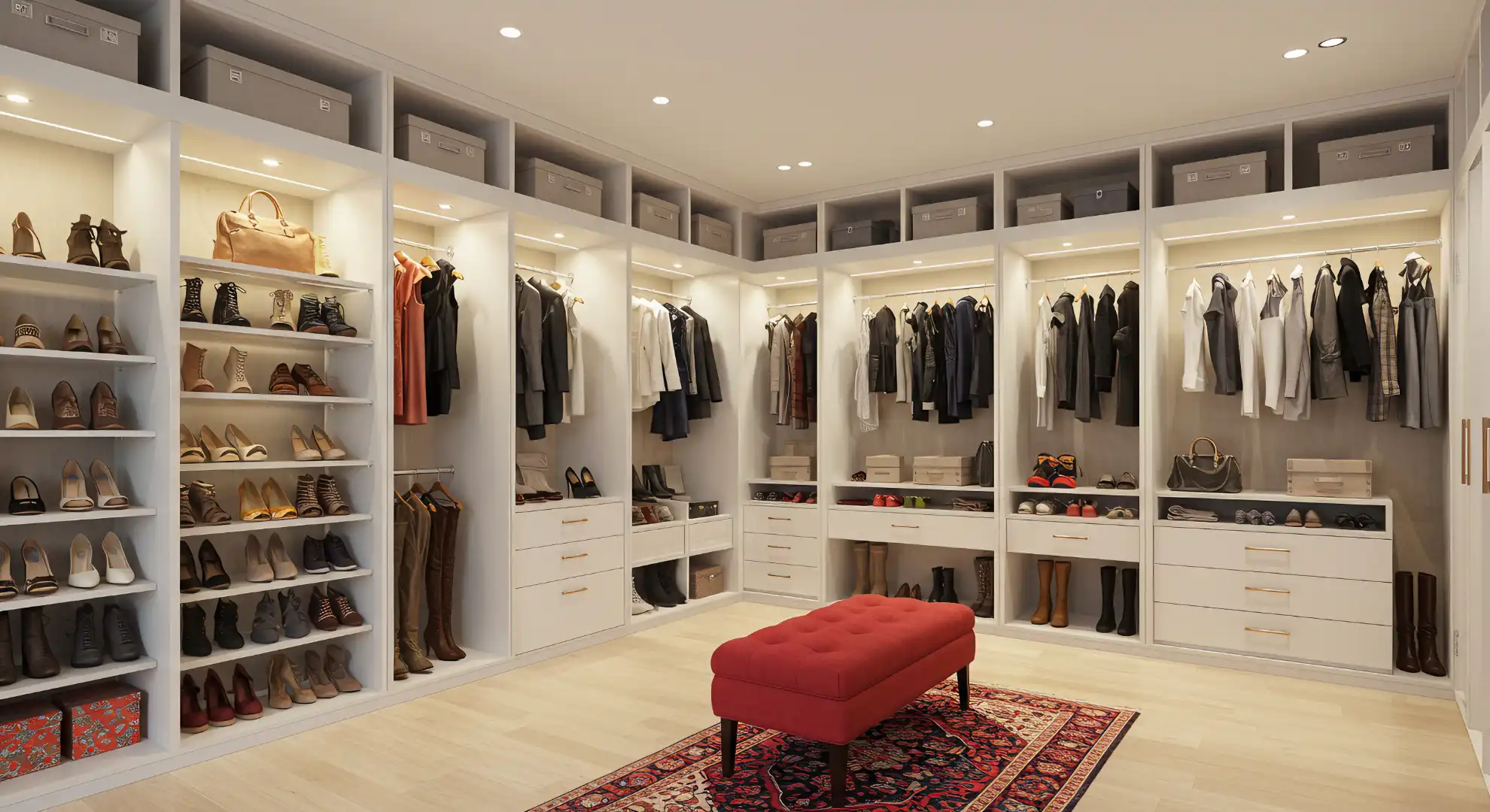 Closet planejado branco com iluminação embutida e espaço para roupas, calçados e acessórios – Art Closet